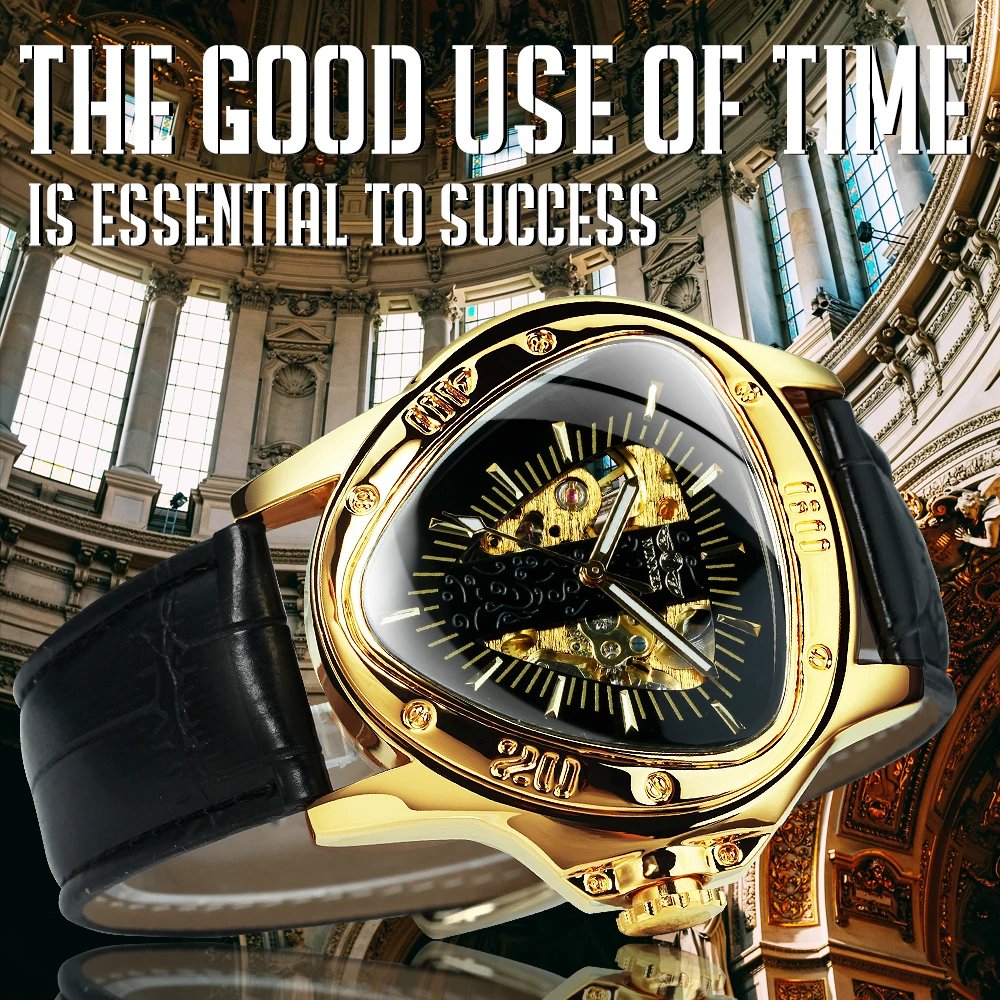 Triangle Military Wrist Watches for Men Mechanical Skeleton Watch Leather Belt WINNER