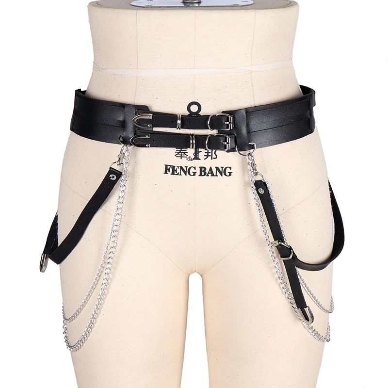 

Sexy Women's Leather Leg Harness Chain Belt Goth Punk Rave Suspenders Body Bondage Garter Belts Adjustable Girdle Club Costumes