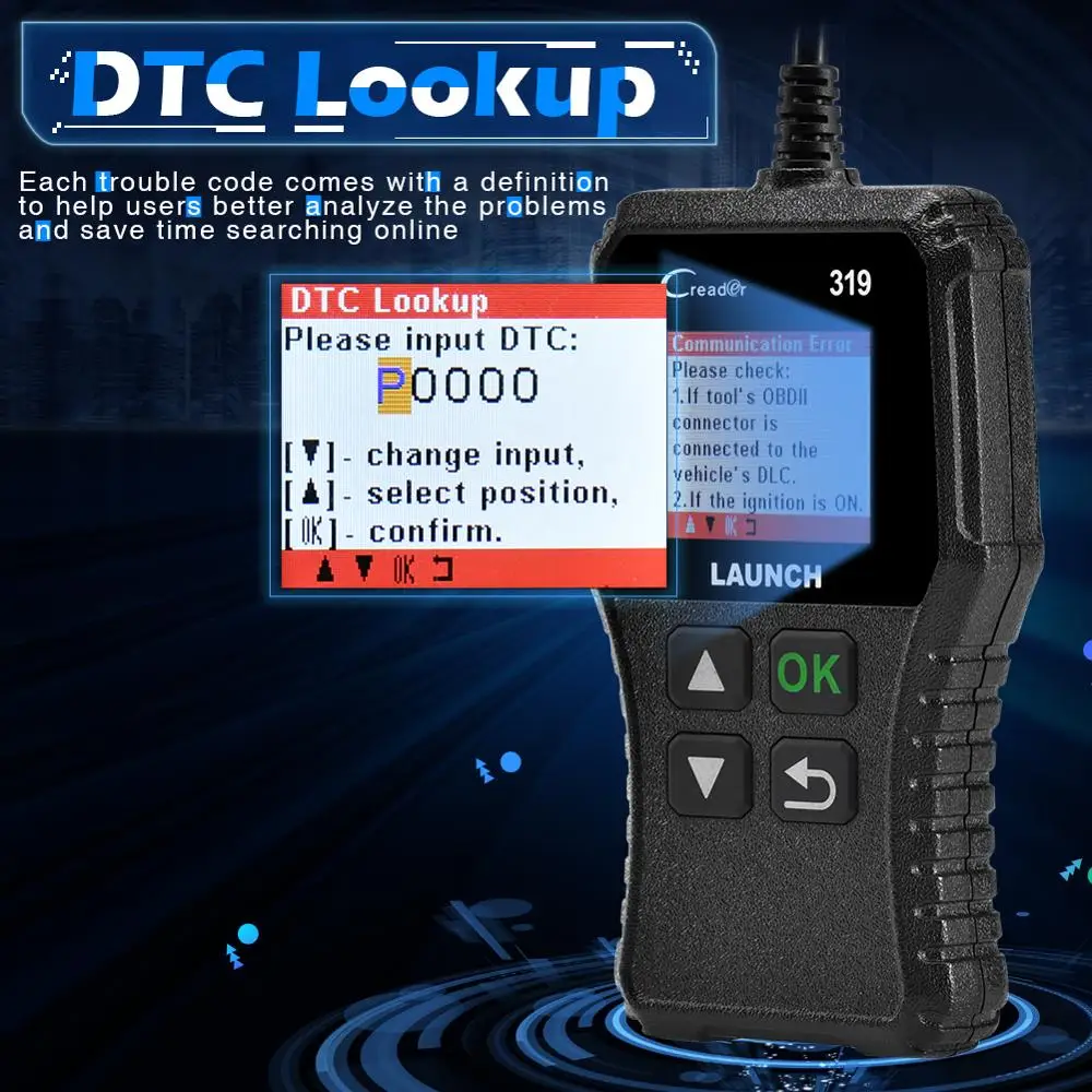 Launch Creader 319 все режимы функций OBDII CR319 OBD2 считыватель кодов неисправностей двигателя автомобиля MIL выключение OBD2 сканирующие инструменты