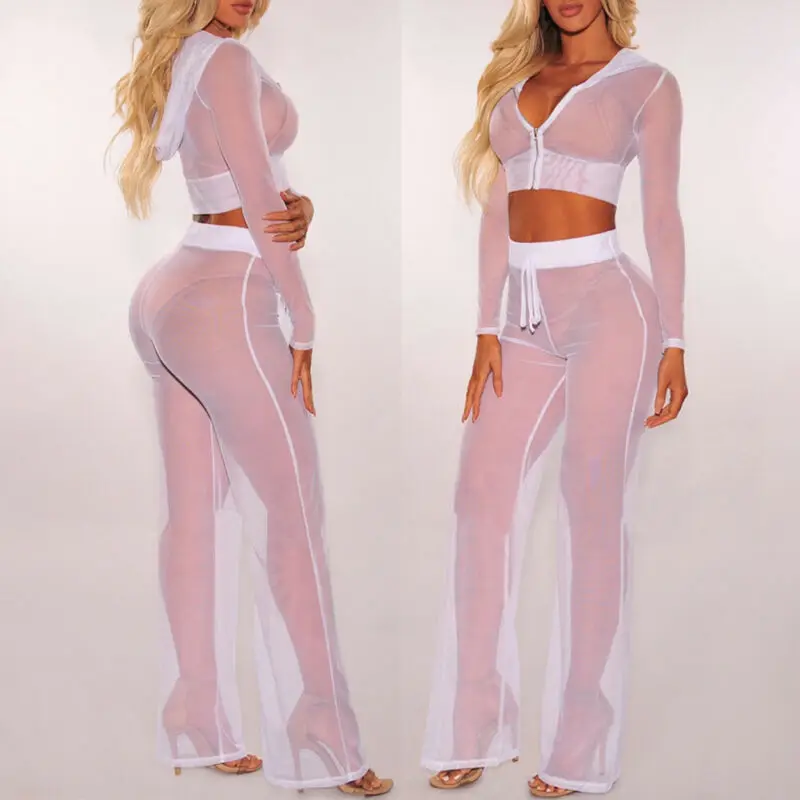 

Women Sexy Beach Mesh Sheer Bikini Cover Up Swimwear Swimsuit Cover-Ups Bathing Tops+Pants Set