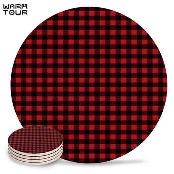 

4/6/8 PCS Black Red Plaid Placemat Ceramic Drink Coasters Table Decoration Kitchen Accessories Absorbent Moisture