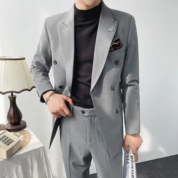 OIMG Men's casual suit business suit two-piece British style solid color double-breasted suit men's suit