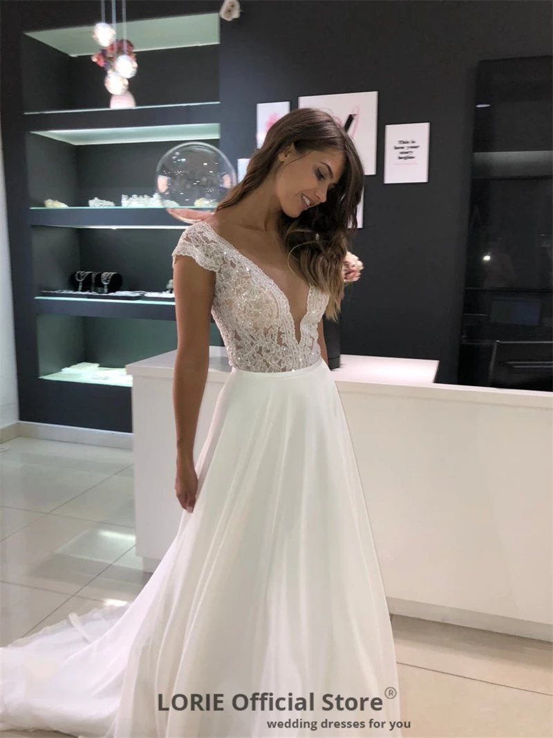 LORIE A-Line Свадебные платья Boho с коротким рукавом кружевные свадебные платья шифоновое свадебное пляжное платье с v-образным вырезом Вечерние платья на пуговицах