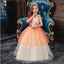 Пломбир Ангел сетка вышивка длинное с высокой талией платье для выпускного вечера Дети Девочка Лето молния сзади бант Принцесса Свадебные платья