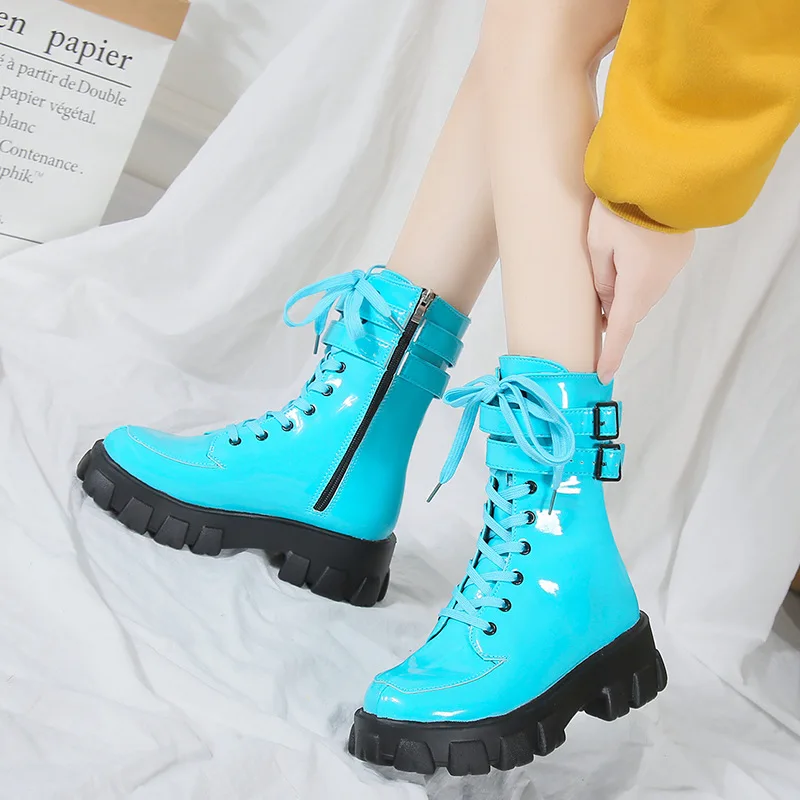 

2020 Autumn Winter Wedge Square Toe Ankle Boots for Women Fashion Patent Leather Shoes Woman Zip Motorcycle Booties Mujer 35-39