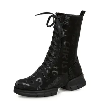 

Womens Letters Printed Mid-Calf Boots Round Toe Side Zipper Closure Mixed Colors Lace Up Hoof Heel Shoes Warm Winter Plus Size