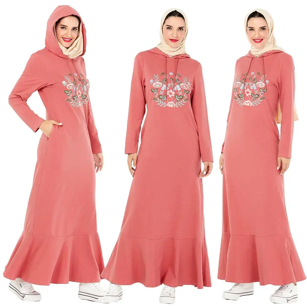Abaya Вышивка женское с капюшоном мусульманское длинное платье для девочки повседневное кафтан спортивный халат Арабский исламский одежда длинный рукав платье Мода