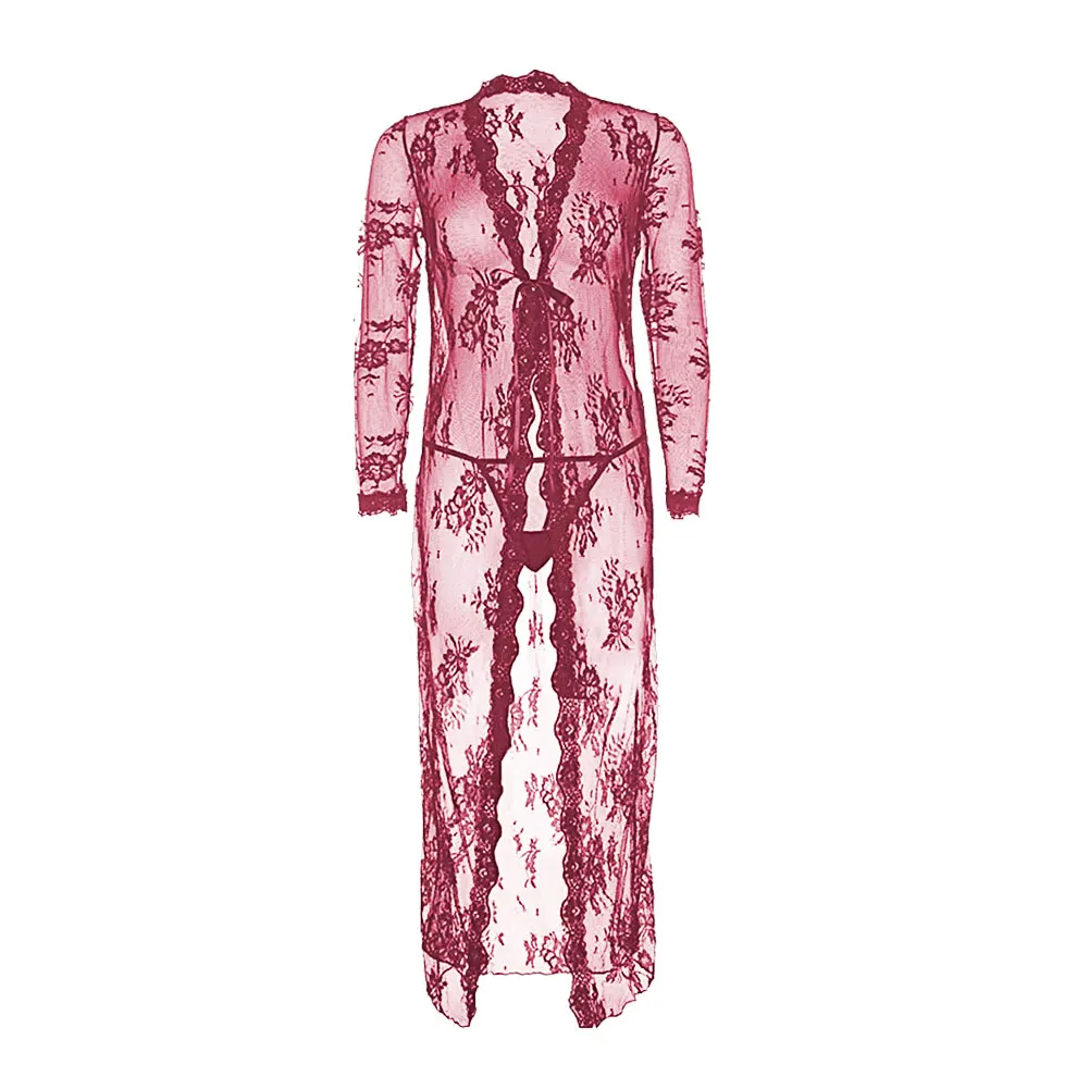 Varsbaby, Сексуальная кружевная прозрачная ночная рубашка, 3 цвета, дышащий халат, комплект, Халат+ стринги, 2 шт. для женщин