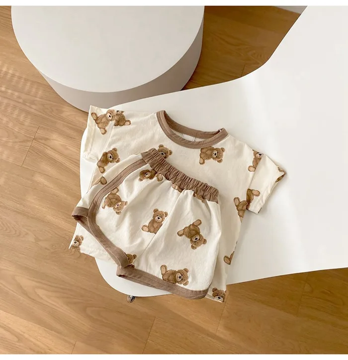 2022 Summer New Infant Baby Boy Cartoon Bear Printed Pattern Casual Short Sleeve Tops + Toddler Girl Breathable Shorts 2pcs Set Baby Clothing Set classic