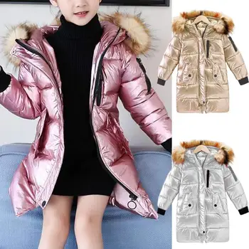 

New Winter Cotton Jacket For Children Winter Down Warm Coat For Girl With Warm Fur Collar Long Fluorescent Color Kids Coat