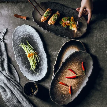 

Oval Ceramic Plate High Capacity Fish Dumpling Dish Household Shallow Tray Restaurant Japanese-style Hotel Irregular Tableware