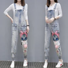 Повседневные джинсовые комбинезоны с героями мультфильмов, джинсы для женщин, джинсовый комбинезон комбинезоны, брюки, свободные женские, большие размеры, рваные джинсы, комбинезон