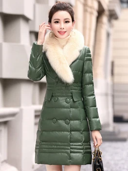 

Women's winter coat in PU leather Fashionable big fur collar double-breasted Collect waist jacke High Quality PU Thick Overcoat