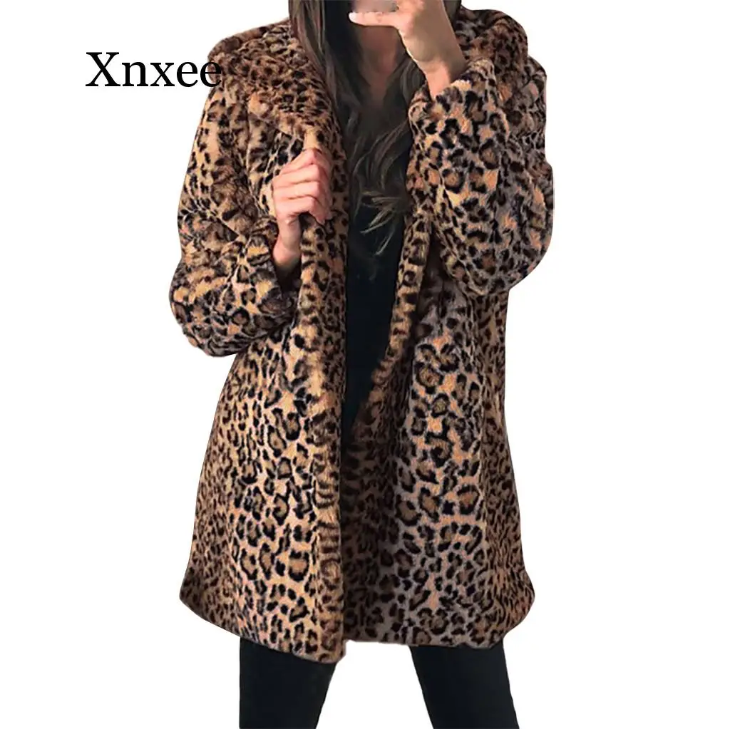 

Leopard print Teddy Coat Womens Ladies Winter Warm Faux Fur long Coat Jacket Leopard Hooded Outerwear Chaquetas Mujer 2020