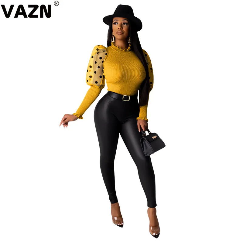 Цвет: желтый VAZN, Горячая энергия, прозрачный, свежий, неопрятный, офисный, Повседневный, модный, водолазка, полный, кружевной рукав, дикий Джокер, для женщин, тонкий, обычный Тройник - Цвет: Цвет: желтый