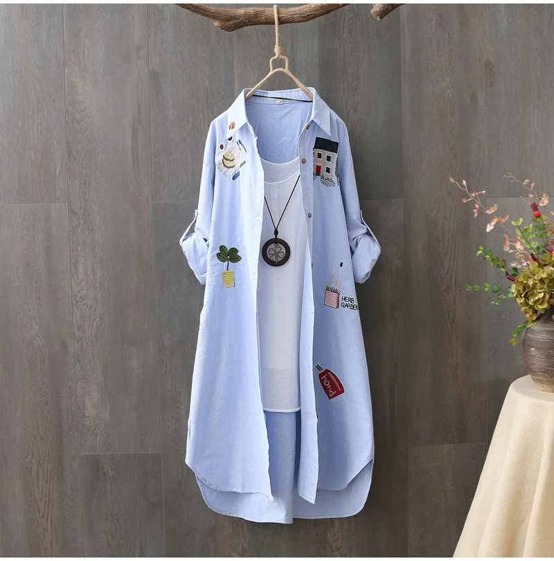 Ladies Long Sleeve Blouse Shirt Dress Spring Autumn Loose Casual Embroidery Female Women Long Blouse Shirt Tops Dress Vestidos summer shirt women clothing set womens plaid shirts