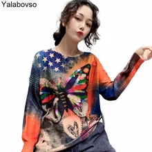 Casual Pullovers Female New Korean Fashion Gilt Butterly Printed Sweater Autumn O Neck Loose And Thin Foreign Style  Harajuku