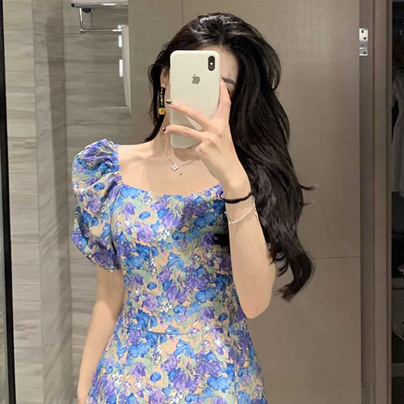 Vintage Chiffon Female Floral Print One-Piece Dress 2020 Summer Fashion Sexy Split Slim Puff Sleeve Dress Women Elegant Dresses