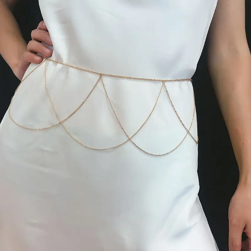 

Women Boho Multilayered Belly Waist Chain Criss Cross Wavy Tassels Minimalist Evening Dress Decorative Metal Belt Body Chain