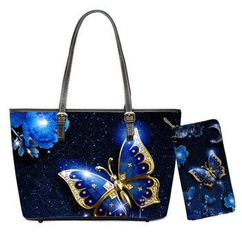 

Fashion Handbags Women Beauty Butterfly Flower 3D Print Blue Shoulder Bags Waterproof PU Leather Messenger Bag Lady