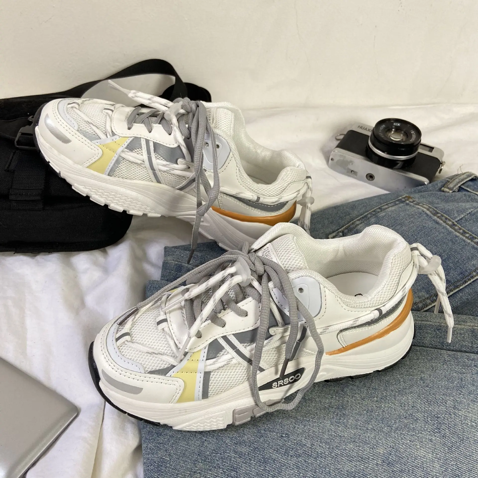 Casual Sports Shoes Women's Street Shooting Korean Wild Women's Shoes Retro White Shoes Lace Up 2021 New Dad Shoes Canvas Shoes