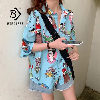 

2020 Summer New Arrival Women Vintage Oversized Print Shirt Short Batwing Sleeve Chiffon Blouse Chic Tops Feminina Blusa T06225F