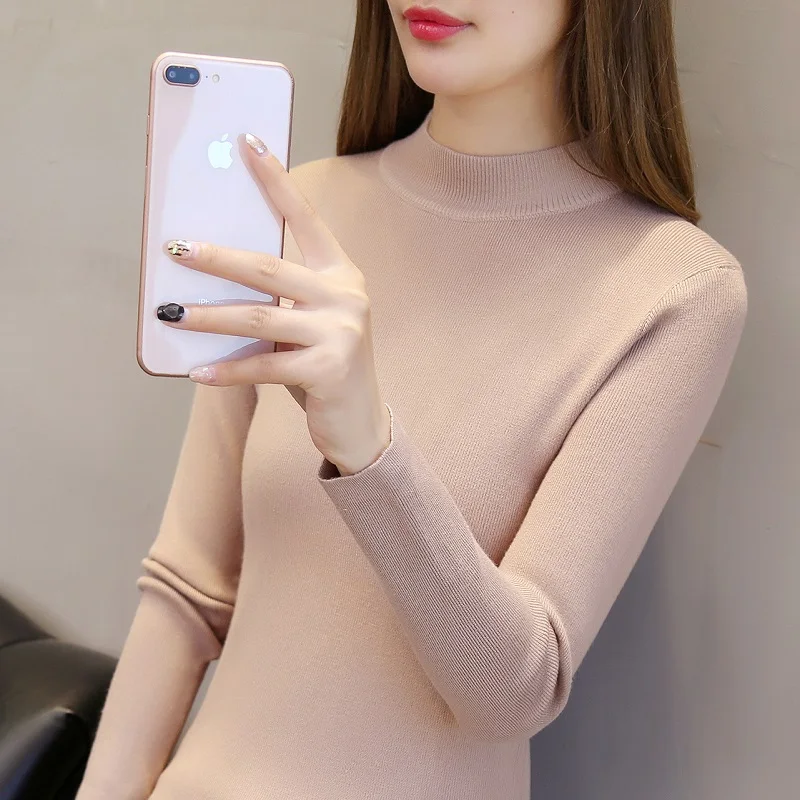 

sweater women's Korean version slim fit elastic round neck versatile solid color knitted bottomed shirt Pullover Top