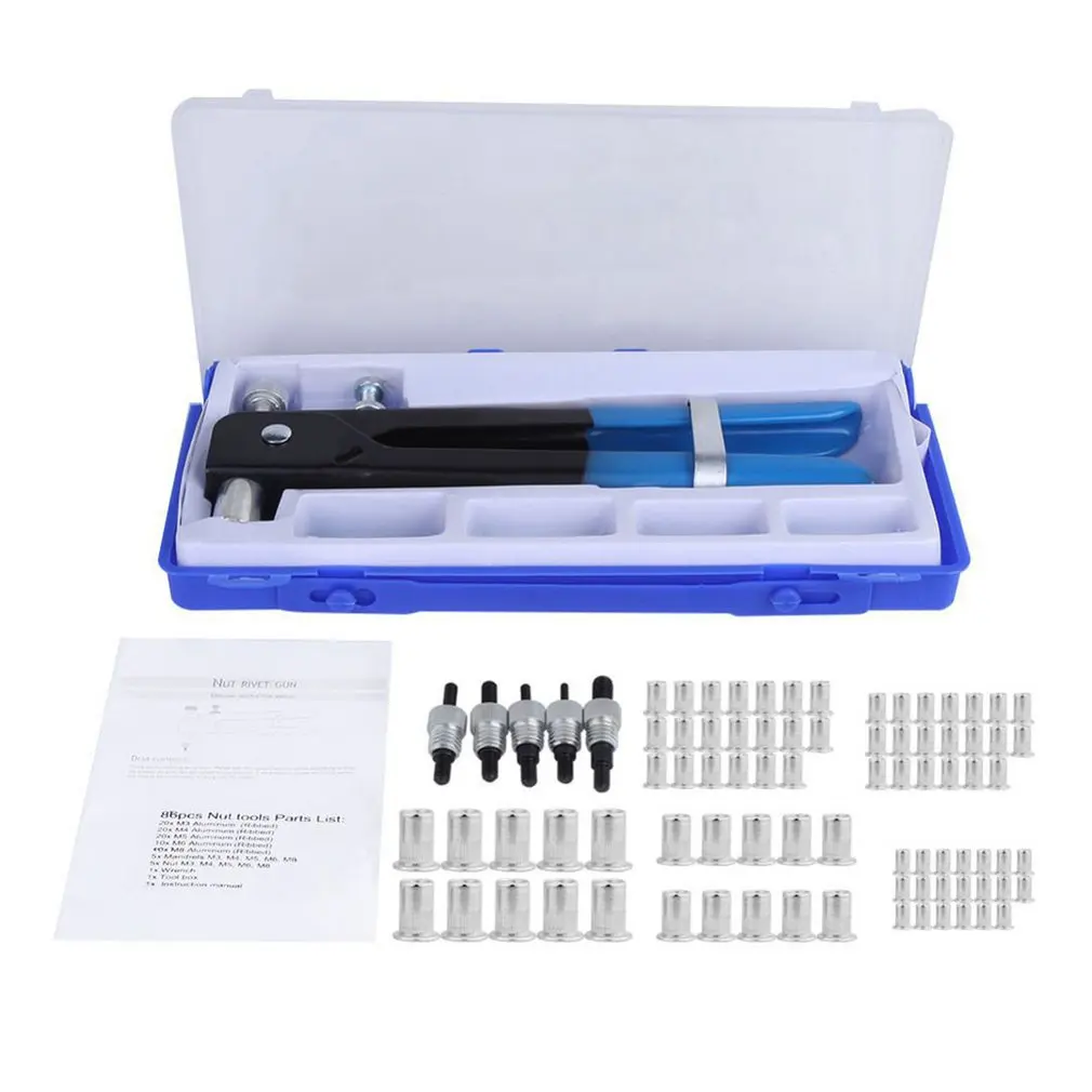

86Pcs/Set Blind Rivet Gun M3-M8 Rivet Nuts Nail Gun Heavy Duty Nut Threaded Insert Hand Riveting Kit Household Repair Tools