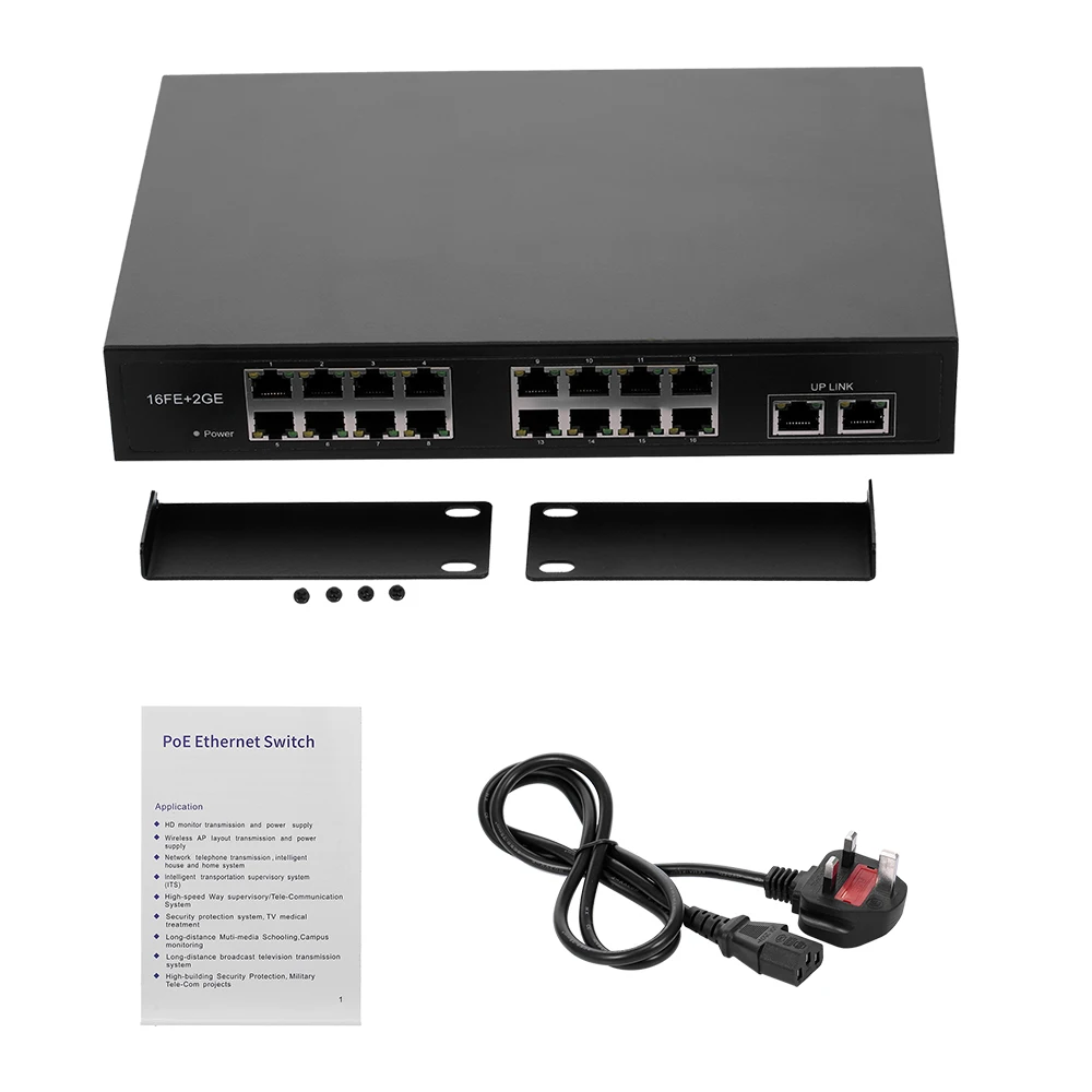 Коммутатор POE BZQN 16FE + 2GE с 16 портами хаб 2 гигабитными Uplink стандарта IEEE 802.3af питание