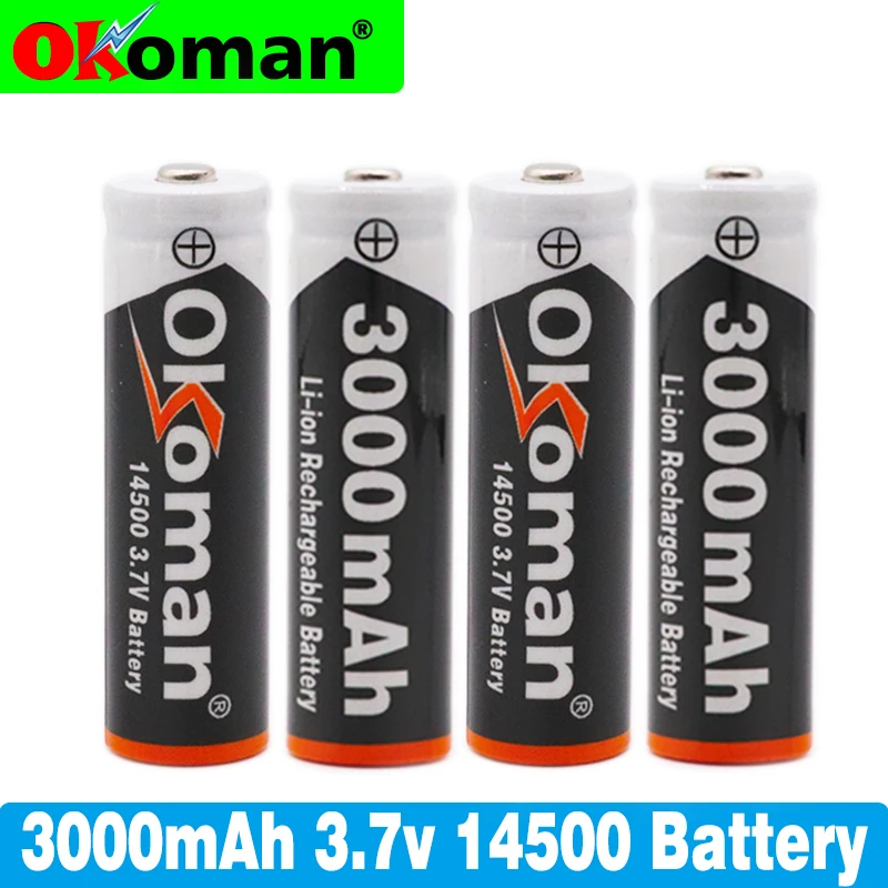 

100% New 14500 3000mAh 3.7V Li-ion Rechargeable Batteries AA Battery Lithium Cell for Led Flashlight Headlamps Toys Top Head