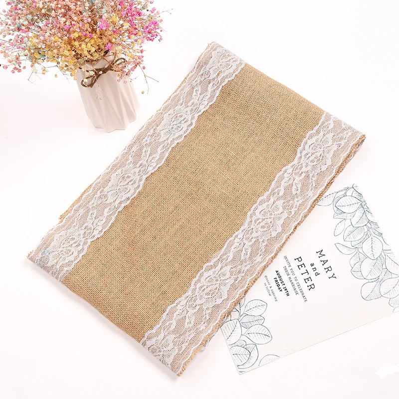 

Natural Burlap Jute Table Runner lace Vintage table Decoration Accessories Christmas Wedding Champagne Table Runners