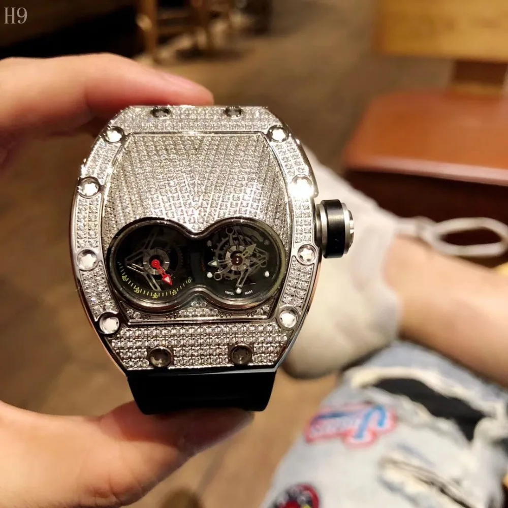 

Luxury Brand New Automatic Mechanical Eyes Big Watch Men Luminous Rubber Tourbillion Full Diamond Bright Sapphire Glass Back