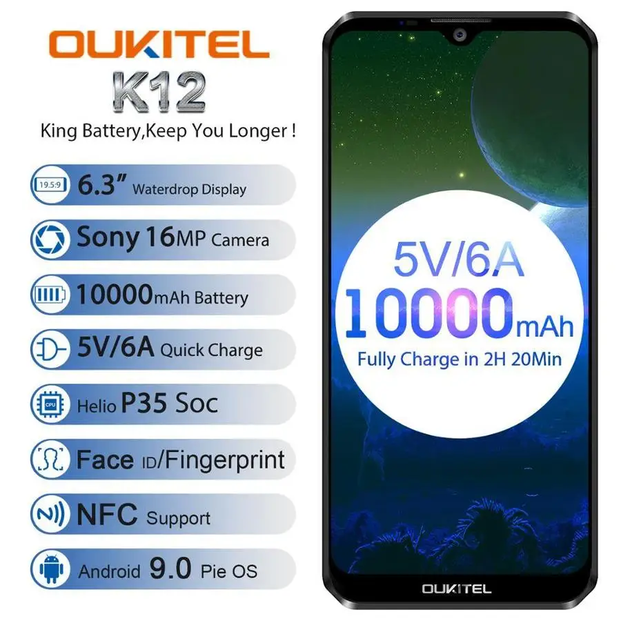 OUKITEL K12 смартфон на Android 9 0 6 3 дюйма 19 5: ГБ ОЗУ 64 Гб ПЗУ MTK6765 NFC 10000 мАч 5 В/6A Быстрая