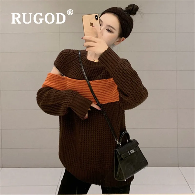 Вязаный свитер RUGOD, пуловер на молнии с рукавом, джемпер, Зимние Топы для женщин, корейский стиль, женские свитера, трикотаж, специальный дизайн