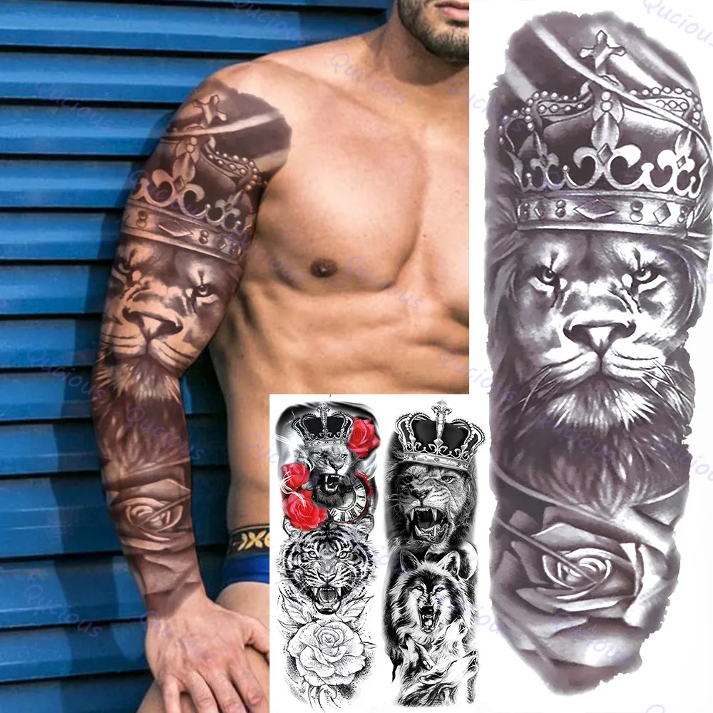 Lion King Full Sleeve Temporary Tattoos For Men Women Adult Flower Black Wolf Tatoo Sticker 3D Beast Realistic Fake Arm | Красота и