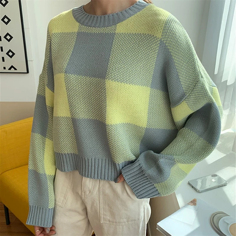 

Plaid Knit Sweaters Women Autumn Korean Loose O-necK Long Sleeve Short Pullovers For Female Casual Colorful Woman Jumpers
