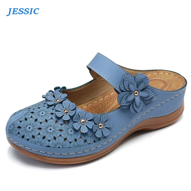 

JESSIC Summer Wedge Sandals Flower Vintage Closed Toe Adjustable Hook Loop Wedges Women Lazy Hole Shoes Platform Sandal