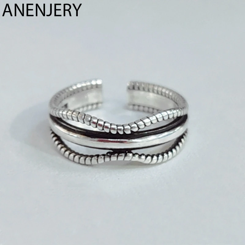 

ANENJERY Simple Temperament Wave Twist Rope Vintage Thai Silver Rings 925 Sterling Silver Opening Ring For Women Jewelry S-R516