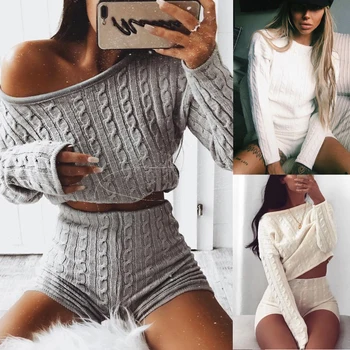 

Autumn Winter New Fashion Women Ladies Chunky Knitted High Crew Neck Top Bottom Ribbed Lounge Suit Tracksuit Set Outfits