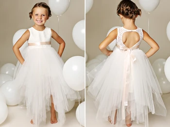 

Fashion Lace Tops Open Back Flower Girl's Dresses Skirt Tulle Ball Gowns vestidos de comunion