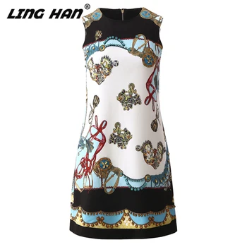 

LINGHAN 2020 Runway Summer Dress Women Sleeveless Vintage Print Diamond Fashion Dresses Party Vestidos Robe Femme
