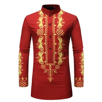 

Red Mandarin Collar Dress Shirt Men African Clothes 2019 Fashion African Dashiki Print Camisa Masculina Casual African Clothing