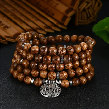 

Men Bracelet 108 Beads Tibetan Buddhist Prayer Rosary Charm Mala Meditation Flower of Life Lucky Wenge Wooden Bracelet For Women