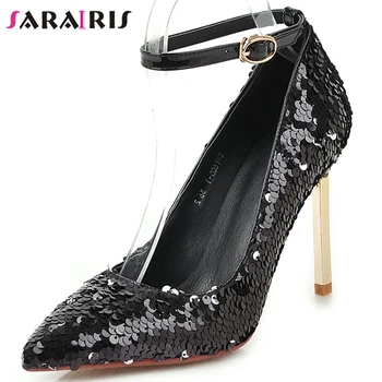 

SARAIRIS Sexy Ladies Spring High Heel Pumps Stiletto Ankle Strap Bling Shallow Pointed Toe Pumps Women Casual Shoes Woman