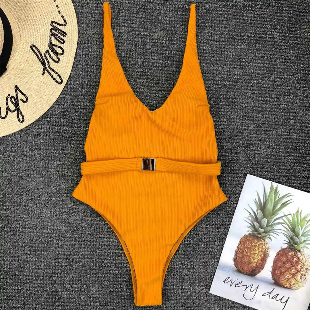 Sexy Ribbed High Cut Backless Monokini Women Swimwear One Piece