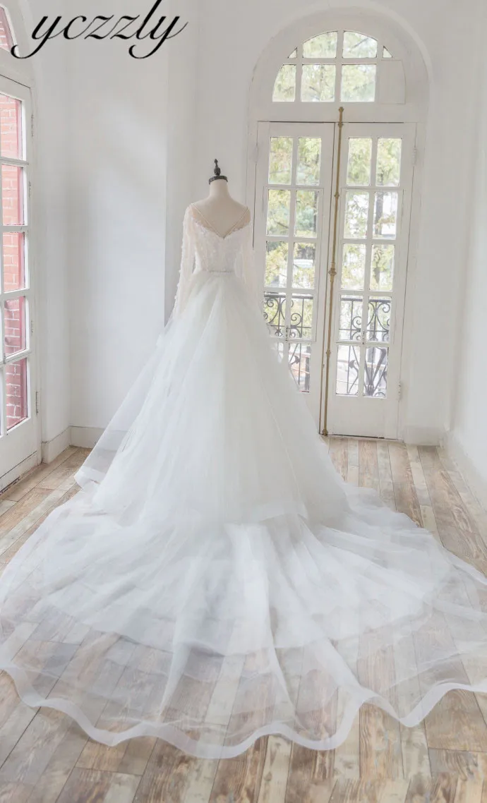 Vestidos De Noiva роскошное кружевное Хрустальная Русалочка с v-образным вырезом и длинными рукавами, свадебное платье со съемным шлейфом, платье для невесты W37
