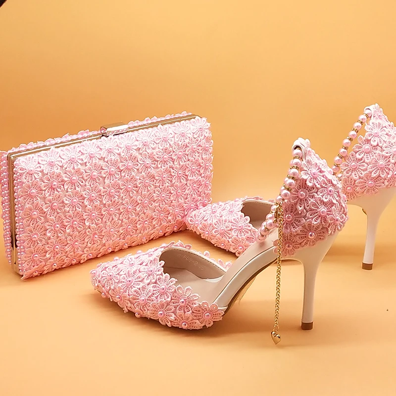 

Pink Flower Wedding Shoes And Bags Set High Heels Pointed Toe Ankle Strap Ladies Party Shoe With Matching Purse Pearl Lace-up