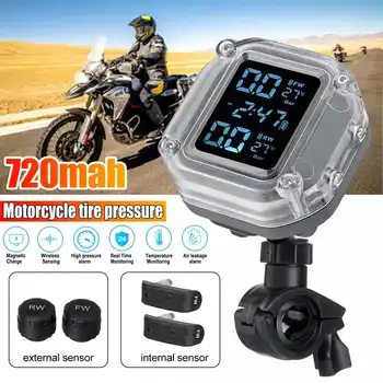 

Motorcycle TPMS Pressure Monitoring System LCD Screen 2PCS External /Internal Sensor Magnetic USB Charge 720mAh Alarm