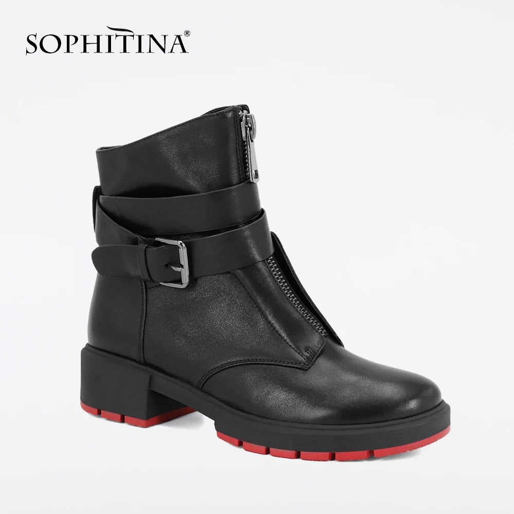 Najtaniej SOPHITINA nowy 2019 kożuch botki dorywczo grube okrągłe Toe kwadratowy obcas kobiet buty z Retro klamra ciepłe buty zimowe M46