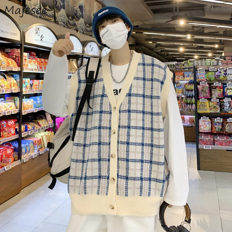 

Sweater Vest Men Plaid Fashion College All-match V-neck Knitting Soft Spring New Ins Retro Casual Single Breasted Design Loose
